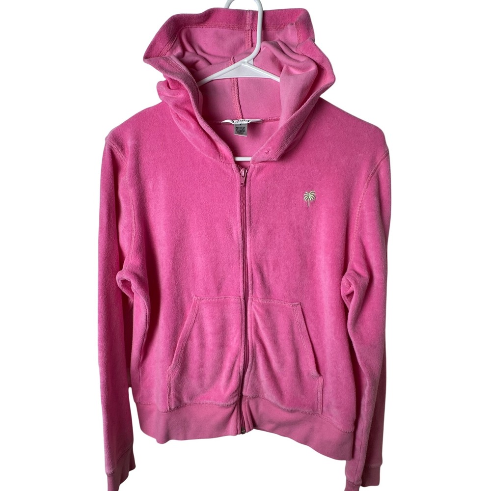Lilly Pulitzer Zip Up Hoodie Women‎ S Pink Velour Palm Tree Embroidered Hooded